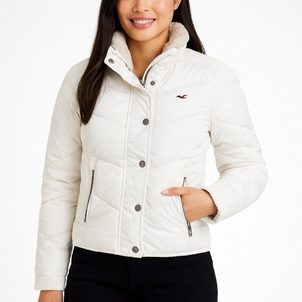Vintage Hollister White Puffer Jacket Faux Fur Fleece Lined Y2K Women’s L